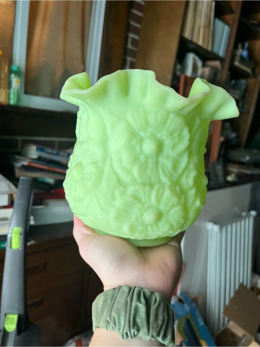Vintage Fenton Green Ruffle Poppy Flower Frosted Uranium Glass Vase or Planter